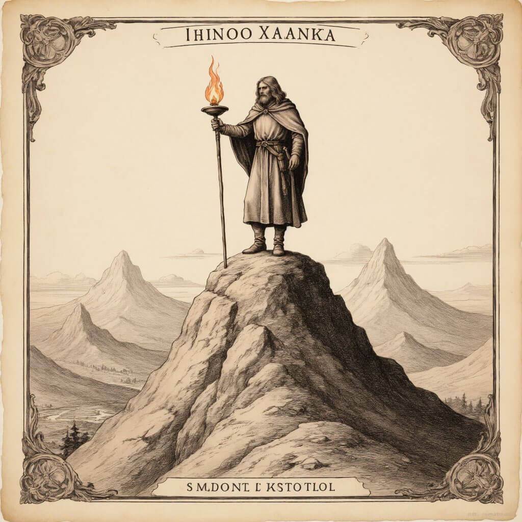 Tarotová karta Poustevník (IX) s postavou držící lampu na vrcholu hory, symbolizující introspekci a hledání moudrosti, vintage kresba na pergamenovém papíře s terakotovými detaily