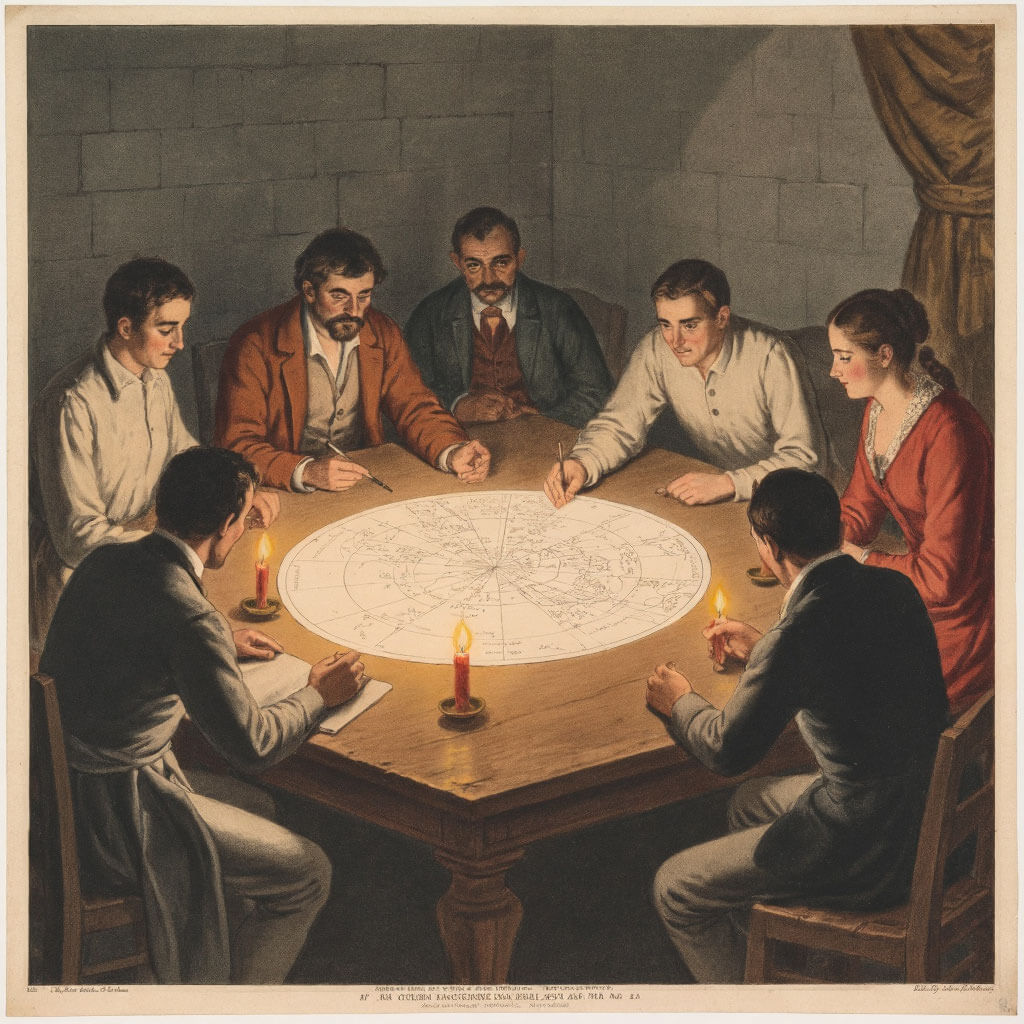 Ilustrace skupiny lidí, kteří diskutují o hvězdné mapě kolem starověkého dřevěného stolu s hořícími svícemi, vintage kresba s terakotovými detaily a teplými barvami