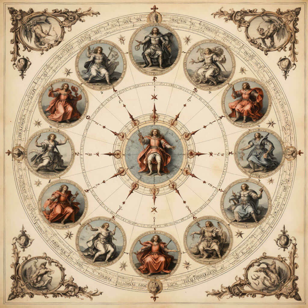 Barokní hvězdná mapa s dramatickými ilustracemi souhvězdí v bohatých šatech, zvěrokruh s planetami, vintage kresba na pergamenovém papíře s terakotovými detaily