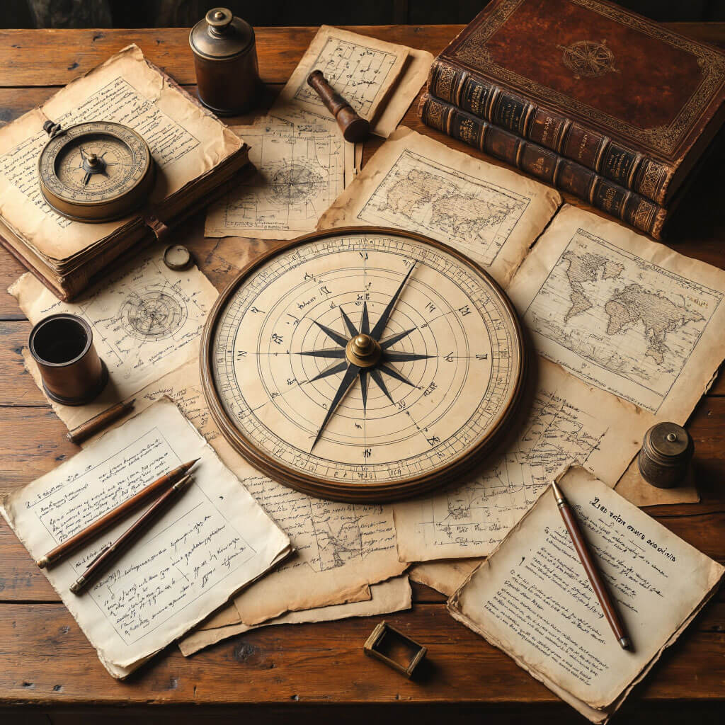 Vintage ilustrace pracovního stolu astrologického analytika s astrolábem, starými knihami, pergamenovými mapami a kreslenými grafy na textuře starého papíru s terakotovými detaily a teplými barvami