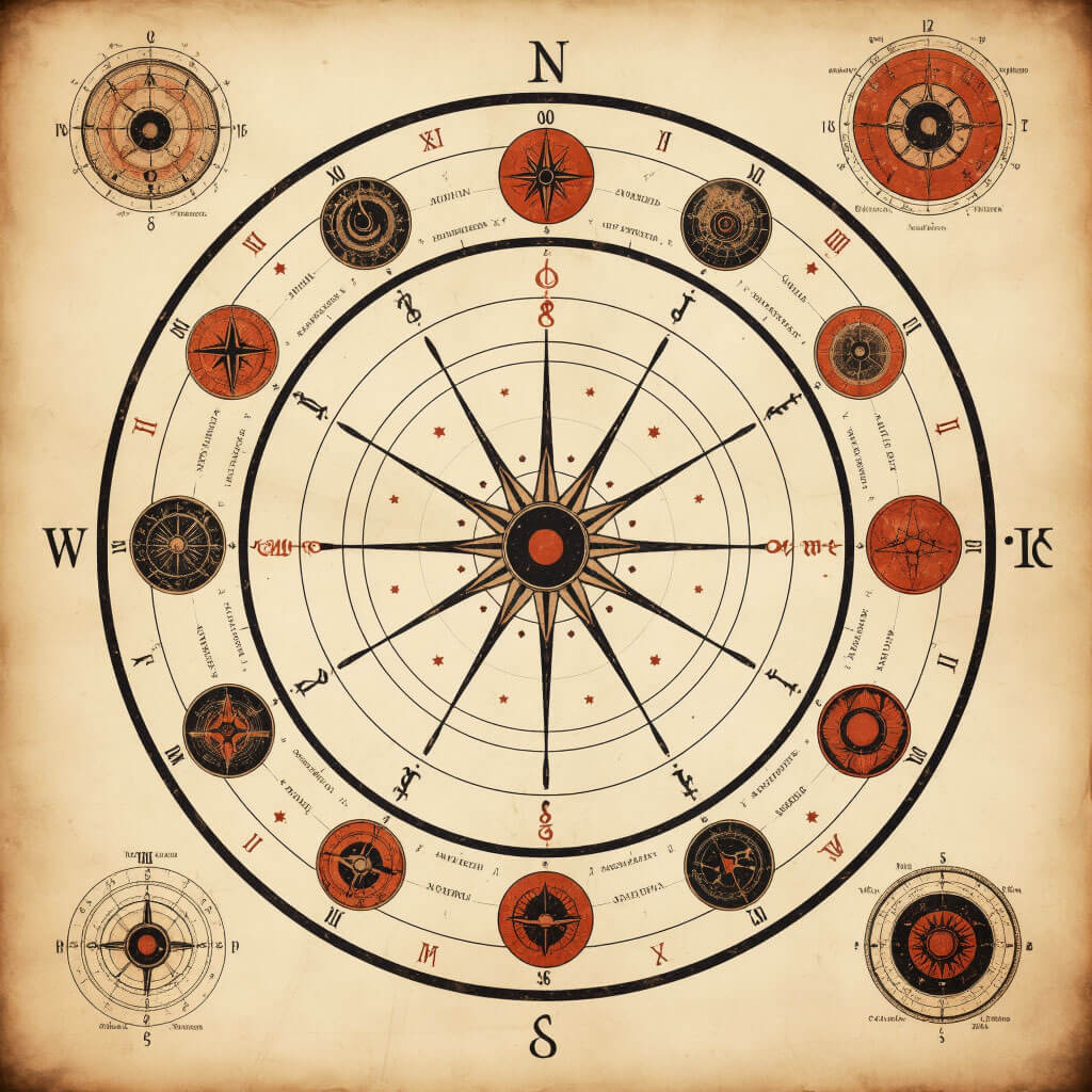 Detailní vintage ilustrace natalního astrologického chartu s planetárními pozicemi, zvěrokruhem a ručně kreslenými symboly na textuře starého pergamenového papíru s terakotovými detaily a teplými barvami