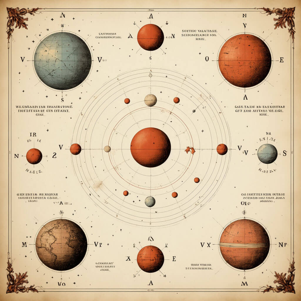 Vintage ilustrace zimních a jarních souhvězdí s planetami v pohybu na textuře starého papíru, terakotové detaily symbolizující období ledna až března